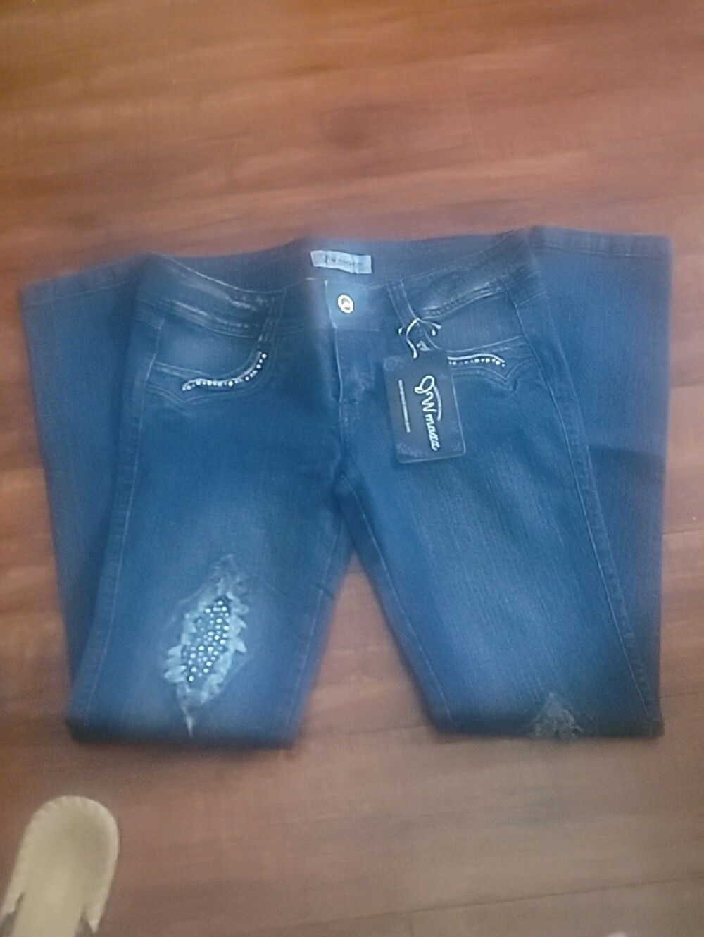 Dark Blue Rhinestone Distressed Skinny Jeans by